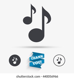 Music notes sign icon. Musical symbol. Flat icons. Buttons with icons. Thank you ribbon. Vector