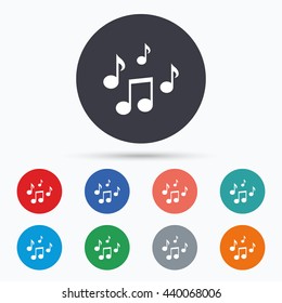 Music notes sign icon. Musical symbol. Circle buttons with music notes icon. Vector