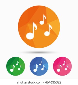 Music notes sign icon. Musical symbol. Triangular low poly button with flat icon. Vector