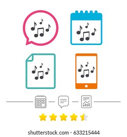Music notes sign icon. Musical symbol. Calendar, chat speech bubble and report linear icons. Star vote ranking. Vector
