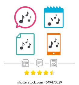 Music notes sign icon. Musical symbol. Calendar, chat speech bubble and report linear icons. Star vote ranking. Vector