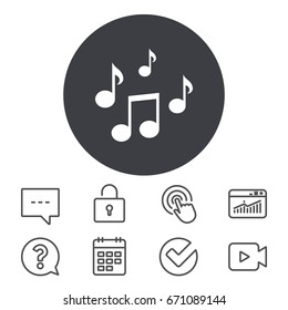 Music notes sign icon. Musical symbol. Calendar, Locker and Speech bubble line signs. Video camera, Statistics and Question icons. Vector