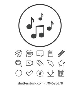 Music notes sign icon. Musical symbol. Document, Chat and Paper clip line signs. Question, Pencil and Calendar line icons. Star, Download and Shopping cart. Vector