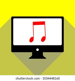 Music notes sign illustration. Vector. Red icon on white monitor of black all-in-one desktop computer with two shadows at yellow background.