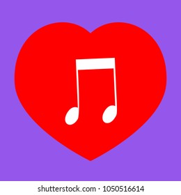 Music notes sign illustration. Vector. White icon in red heart at lavender background.
