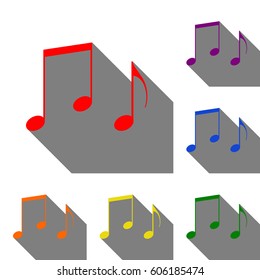 Music notes sign. Set of red, orange, yellow, green, blue and violet icons at white background with flat shadow.