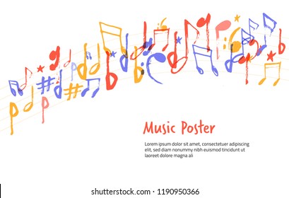 Music notes sign shape. Hand drawn colorful melody symbol sketch silhuette for posters