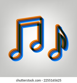 Noten-Zeichen. Starkes Symbol auf grauem Hintergrund in Orange, Azurblau und alten Lavendelfarben. Illustration.