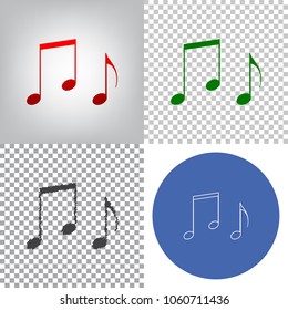 Music notes sign. Vector. 4 styles. Red gradient in radial lighted background, green flat and gray scribble icons on transparent and linear one in blue circle.