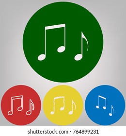 Music notes sign. Vector. 4 white styles of icon at 4 colored circles on light gray background.