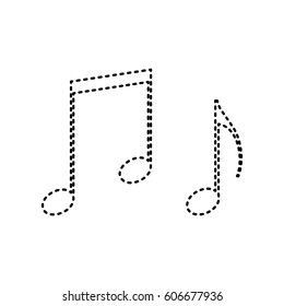 Music notes sign. Vector. Black dashed icon on white background. Isolated.