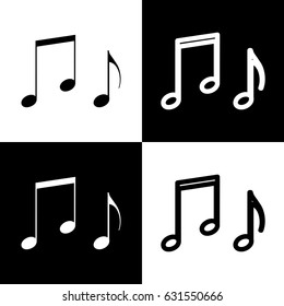 Music notes sign. Vector. Black and white icons and line icon on chess board.