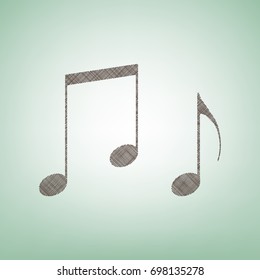 Music notes sign. Vector. Brown flax icon on green background with light spot at the center.