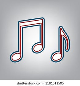 Music notes sign. Vector. Dark red, transparent and midnight green stroke of white icon at grayish background.