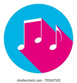 Music notes sign. Vector. Flat white icon with mexican pink shadow inside sky blue(S and G) circle at white background. Isolated. Trend colors in 2017.