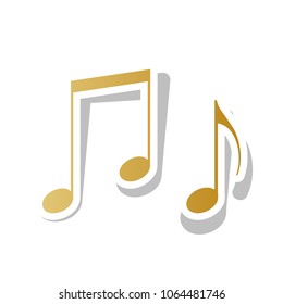 Music notes sign. Vector. Golden gradient icon with white contour and rotated gray shadow at white background.
