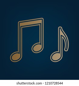 Music notes sign. Vector. Golden icon and border at dark cyan background.
