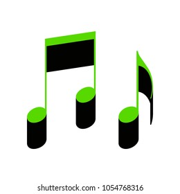 Music notes sign. Vector. Green 3d icon with black side on white background. Isolated.