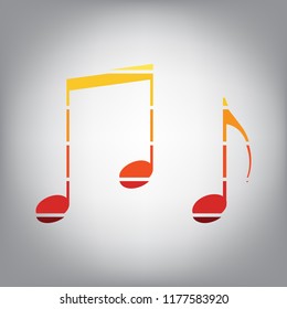 Music notes sign. Vector. Horizontally sliced icon with colors from sunny gradient in gray background.