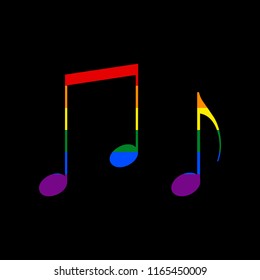 Music notes sign. Vector. Icon with colors of LGBT flag at black background.