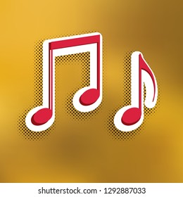 Music notes sign. Vector. Magenta icon with darker shadow, white sticker and black popart shadow on golden background.