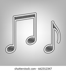 Music notes sign. Vector. Pencil sketch imitation. Dark gray scribble icon with dark gray outer contour at gray background.