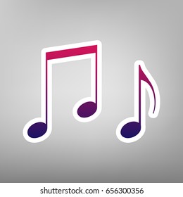 Music notes sign. Vector. Purple gradient icon on white paper at gray background.