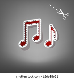 Music notes sign. Vector. Red icon with for applique from paper with shadow on gray background with scissors.