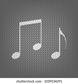 Music notes sign. Vector. White knitted icon on gray knitted background. Isolated.
