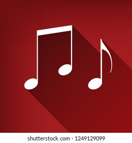 Music notes sign. Vector. White icon with limitless shadow at ruby red background.