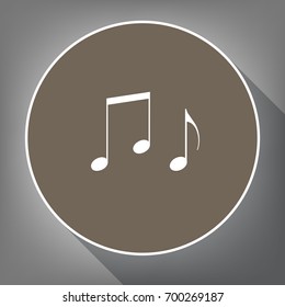 Music notes sign. Vector. White icon on brown circle with white contour and long shadow at gray background. Like top view on postament.