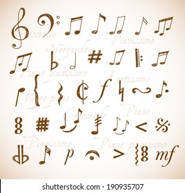 Music notes and signs hand-drawn in sketchy style. Vector illustration.