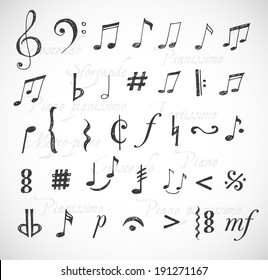 Music notes and signs hand-drawn in sketchy style. Vector illustration.