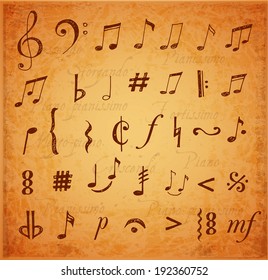 Music notes and signs hand-drawn in sketchy style. Vintage vector illustration. 