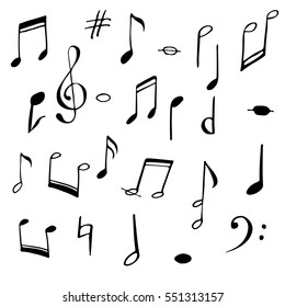 Music notes and signs set. Treble and bass clef. Cartoon flat design. Hand drawn music symbol collection