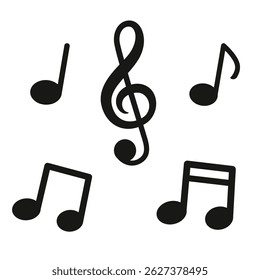 Music notes silhouette on isolated white background. Vector illustration cartoon flat style.
