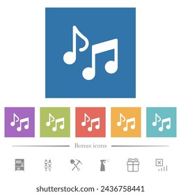 Music notes solid flat white icons in square backgrounds. 6 bonus icons included.