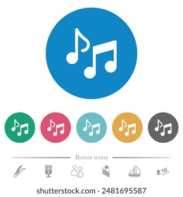 Music notes solid flat white icons on round color backgrounds. 6 bonus icons included.