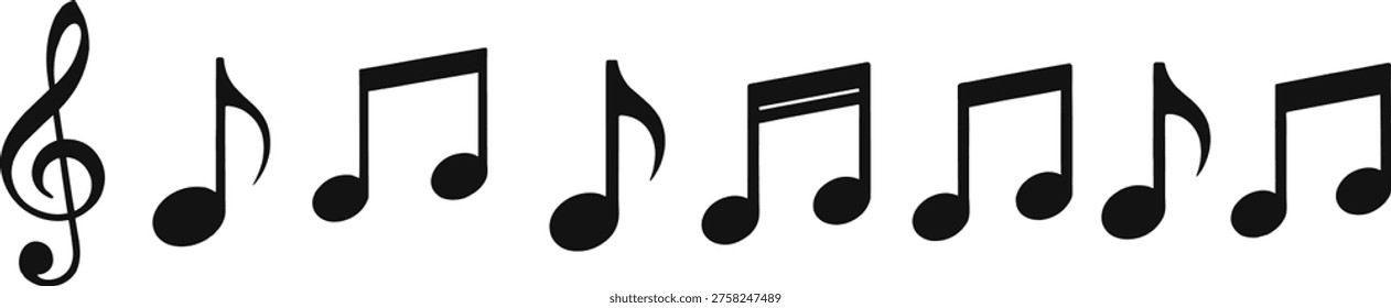 Music notes, solid silhouette vector illustrations, treble clef symbols, musical melody icons, sound pitch signs, audio composition elements, song notation graphics