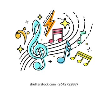 Música notas música colorido chave melodia ícone símbolo musical no fundo pastel. Faixa de voz criativa para entretenimento por voz. Ilustração de vetor 3D. Design mínimo de elementos de estilo de desenho animado.