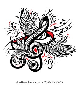 Music notes, song, melody with bird .Vector icon of music