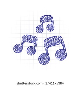 Music notes, song or melody. Hand drawn sketched picture with scribble fill. Blue ink. Doodle on white background