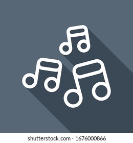 Music notes, song or melody, outline design. White flat icon with long shadow on blue background