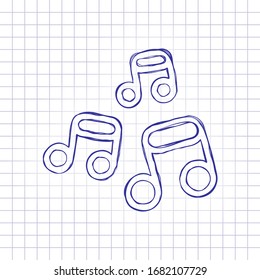 Music notes, song or melody, outline design. Hand drawn picture on paper sheet. Blue ink, outline sketch style. Doodle on checkered background