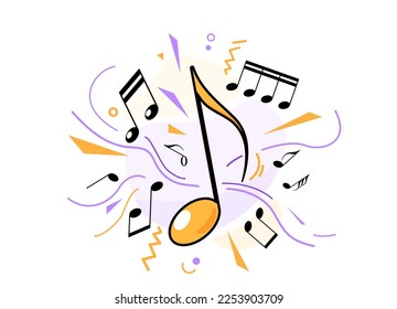 Music notes, song, melody, tune vector illustration. Sound elements, color shapes flat modern background.