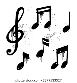 Music notes, song, melody or tune. Graffiti vector illustration in the urban street style. Spray black modern retro icon for musical apps,  party, festival, rave