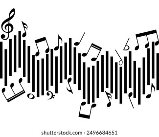 Notas musicales y onda sonora, elemento musical negro, Ilustración vectorial.