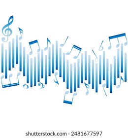 Noten und Klangwelle, blaue Gradienten, musikalischer Hintergrund, Vektorillustration.