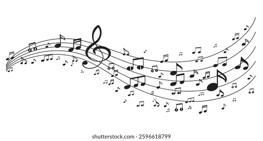 Music notes and sound waves black and white silhouette graphic design isolated transparent png.