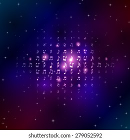 Music notes in space background with shiny stars and flares